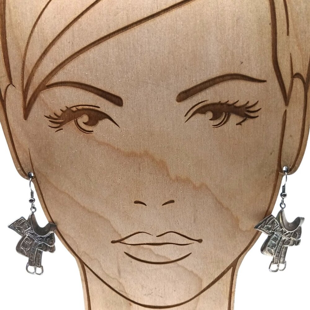 Vintage Western Saddle Dangle Earrings in Silver Tone with Intricate Lightweight
